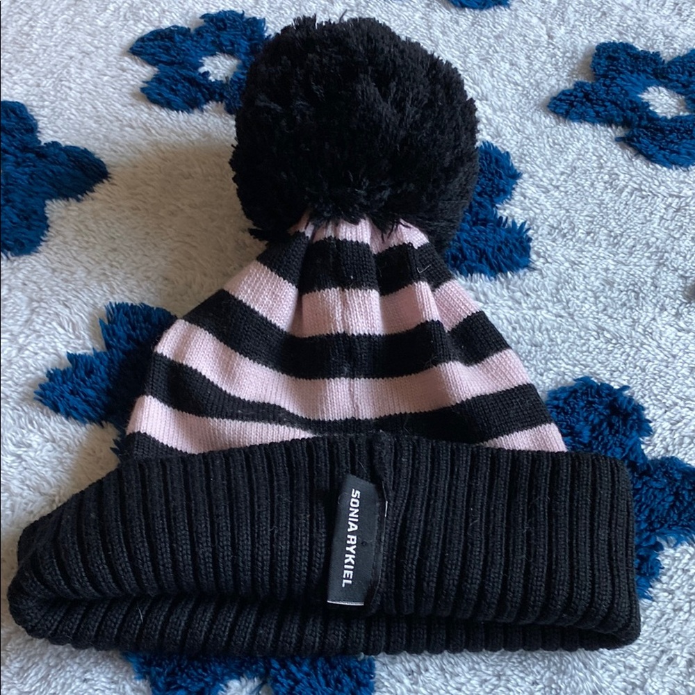 Sonia Rykiel Black and Pink Knit Beanie with Pom-Pom, never been used